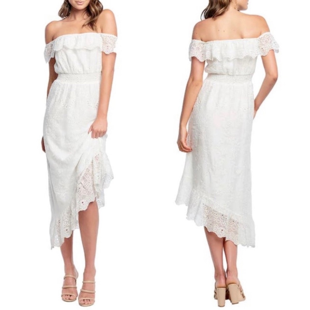 Bardot Eyelet Off The Shoulder Asymmetric Hem Dress